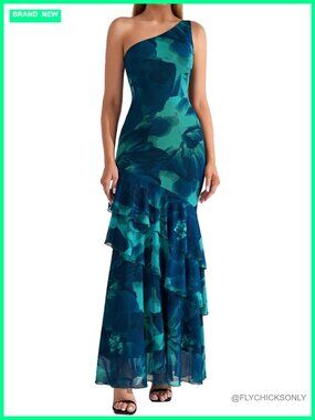 Women's Mesh One Shoulder Ruffle Tiered Bodycon Maxi Formal Dress